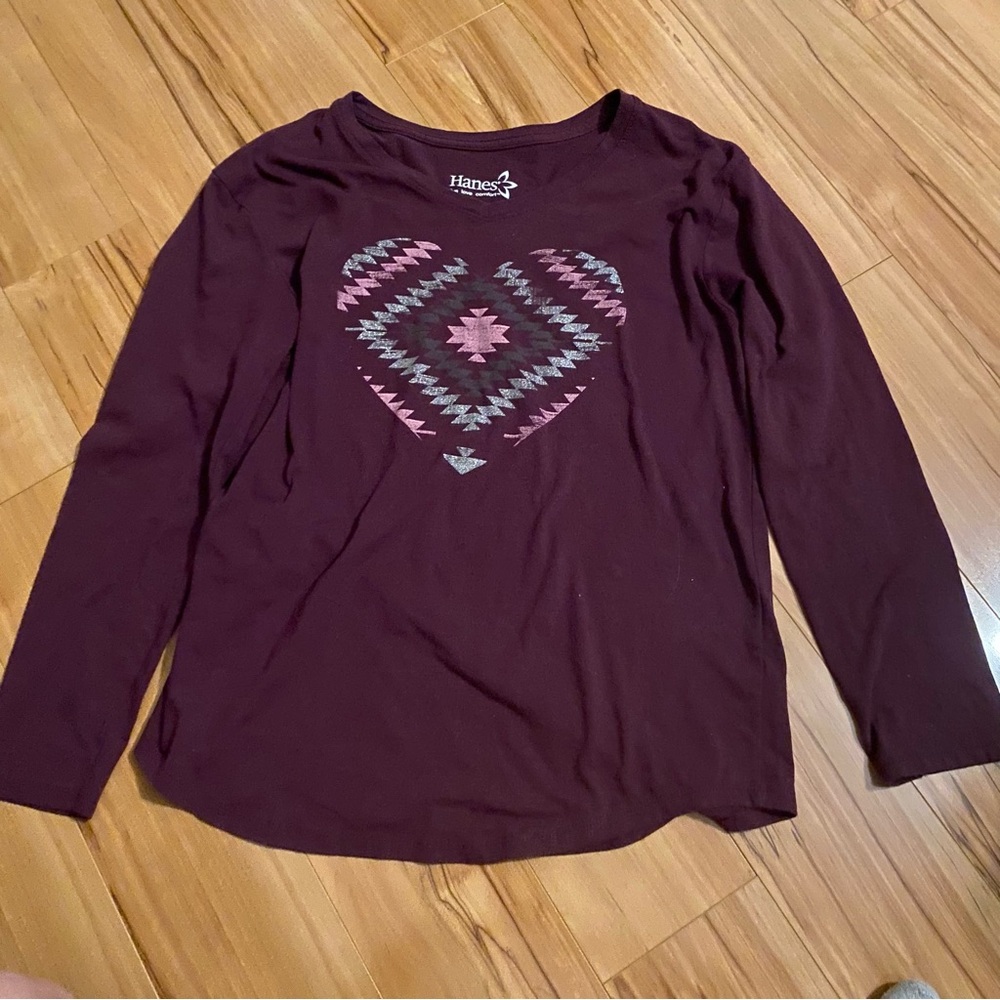 Hanes Burgundy Long Sleeve Tee with Aztec Heart Graphic—M